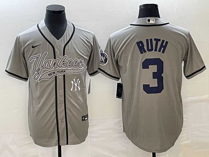 Mens New York Yankees #3 Babe Ruth Gray With Patch Cool Base Stitched Baseball Jersey